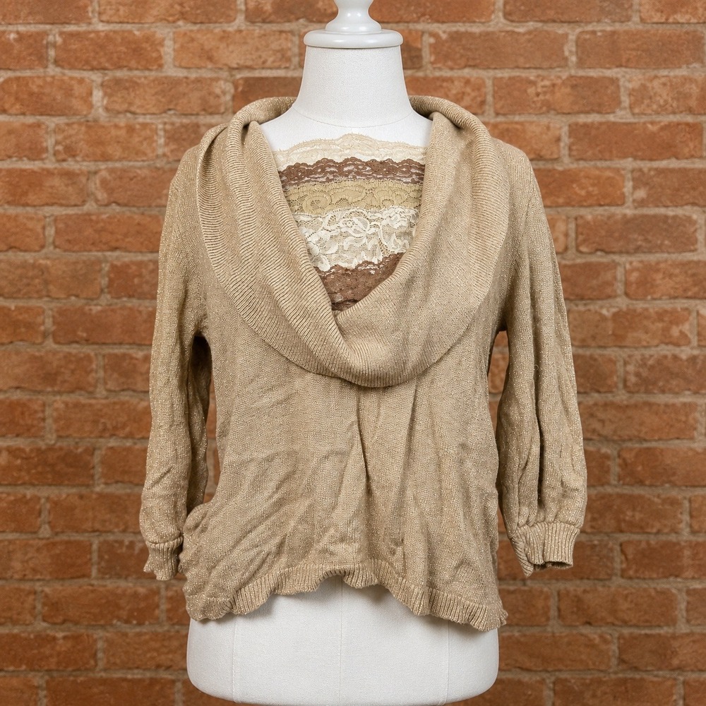 Cowl Neck Knit Sweater 3/4 Sleeve Top S Boho Y2K Party Party Glam Fall 2000s